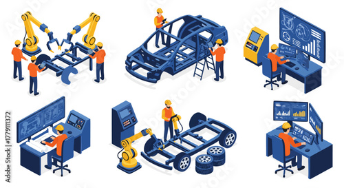 Isometric illustrations of an automated car manufacturing plant featuring robotic arms, vehicle chassis, and control panel operators
