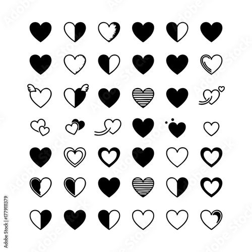 Heart silhouette icons set featuring various styles of love symbols, including solid, outlined, striped, and winged shapes, for emotion.