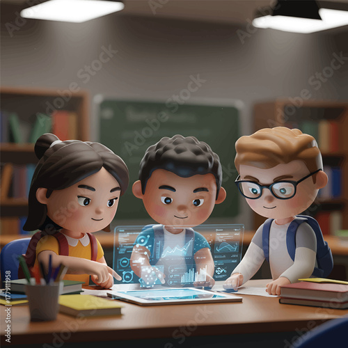 Three students gathered around a table in a classroom, looking at a digital tablet with educational content on the screen.