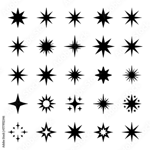 Set of 25 diverse star silhouettes with multiple points and sparkle shapes for celebration and decorative purposes