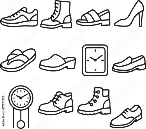 Bundle of Ten Footwear Types  Black and White Vector Illustration.eps