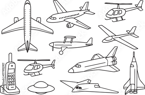 aircraft in one frame ? passenger jet, fighter jet, helicopter, propeller plane, glider, biplane, drone, stealth bomber, space shuttle, and UFO.eps