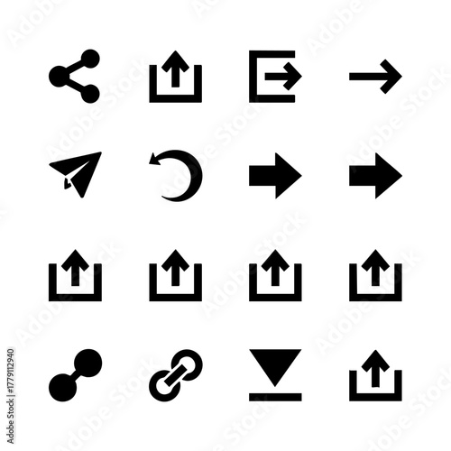 Web icon set silhouette representing various online actions including share upload download and navigation arrows isolated on white