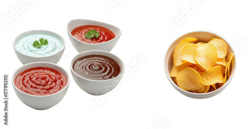 Potato chips in bowl with selection of dipping sauces including ketchup barbecue sauce white garlic sauce and salsa for party snack appetizer finger food