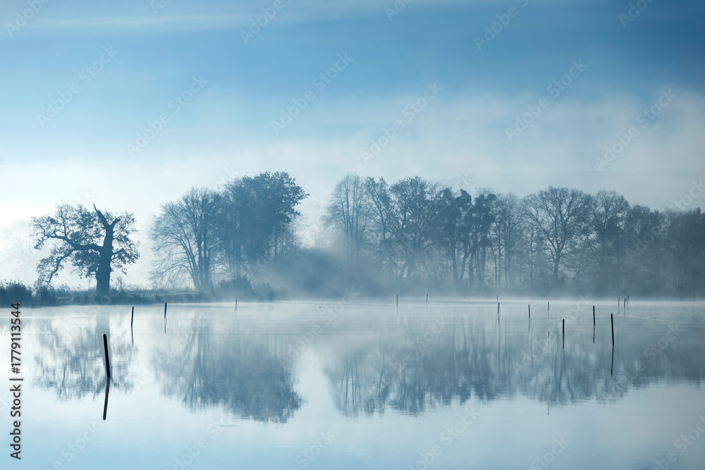Fototapeta premium Jesienny, mglisty poranek nad stawem, tapeta, dekoracja,.