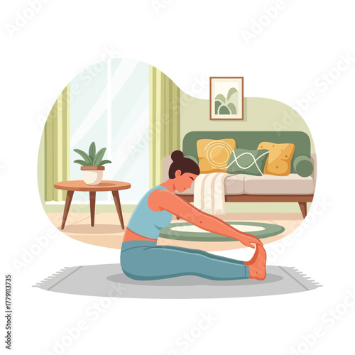 Woman practicing yoga stretching at home for wellness and relaxation
