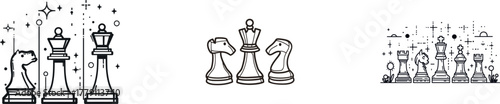 A continuous line drawing of chess pieces in minimalist style, isolated on white, embodies the concept of a group of players' tactics