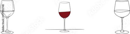 Continuous line drawing of a wine glass, isolated on white, represents modern minimalism in the design of a key beverage element