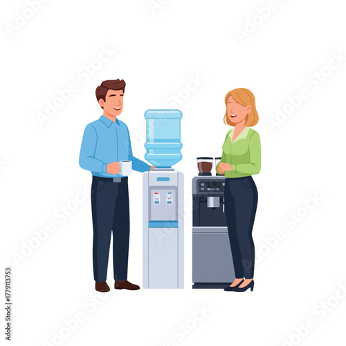 Friendly colleagues chat at the water cooler during a coffee break