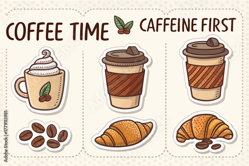Coffee time and caffeine first! Enjoy aromatic coffee with a fresh croissant, a perfect morning ritual, originally designed as scalable vector art