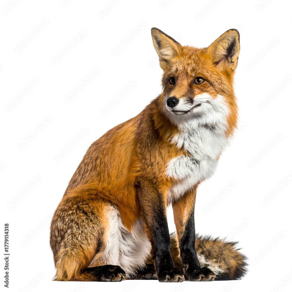 Fototapeta premium A curious red fox sits alertly, its tail curled elegantly