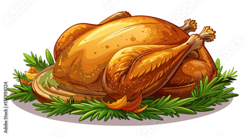 Very beautiful close-up of roasted Thanksgiving turkey on white background, realistic golden crispy skin, herbs, and warm lighting.