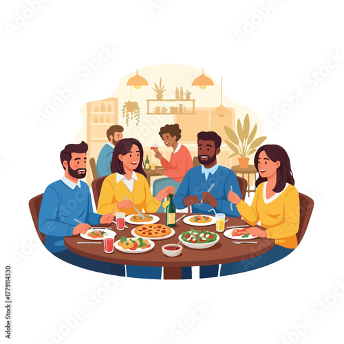 Friends gather to joyfully share pizza and salads at casual restaurant