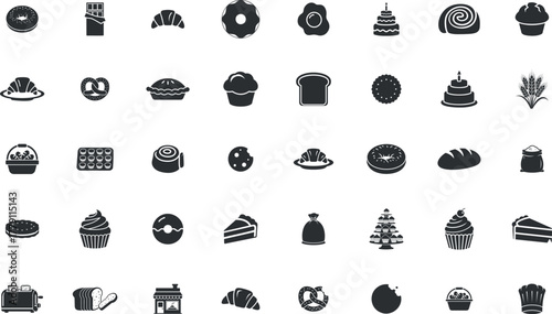 Bakery silhouette taype icon set.Containing, snack, dining, cookery, pizza, soda, burger,.Editable vector on transparent Background.