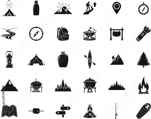 outdoor adventure and camping silhouette icon bundle.Containing,sleeping bag, fire, map, compass, camp, survival, .Editable vector on transparent Background.