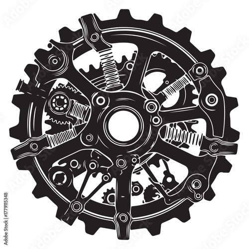 Intricate Black and White Mechanical Gear System Illustration