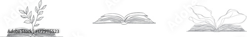 Continuous one line drawing illustrates an open book with flying pages, highlighting modern education supplies in a back to school theme