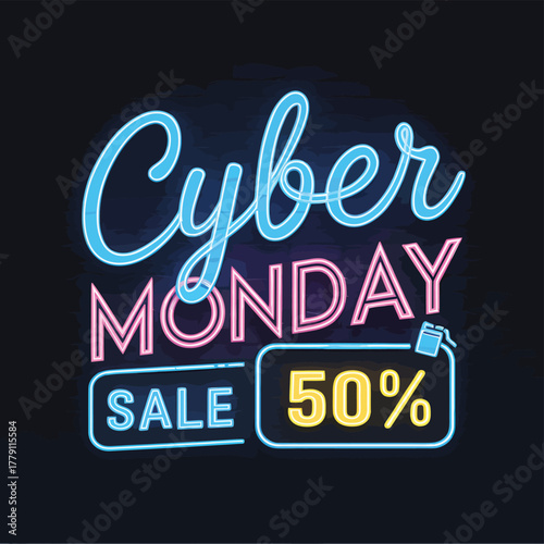 Vector art of cyber monday sale neon sign with 50 discount, glowing in blue, pink, and yellow on a dark background, perfect for retail promotions