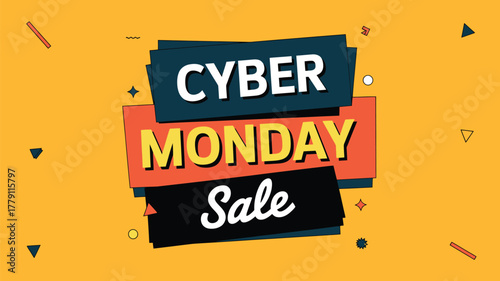 Vector art of cyber monday sale announcement with stacked text blocks in contrasting colors on a vibrant yellow background, featuring abstract shapes for a dynamic and eyecatching advertisement