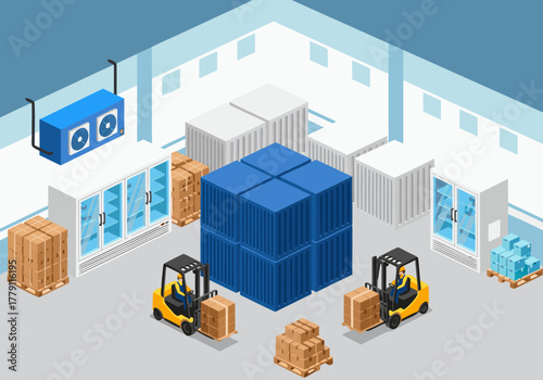 Warehouse with Forklifts, Shipping Containers, and Pallets in a Modern Industrial Setting