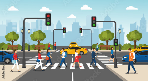 City Street Crossing with Pedestrians and Traffic Lights Illustration