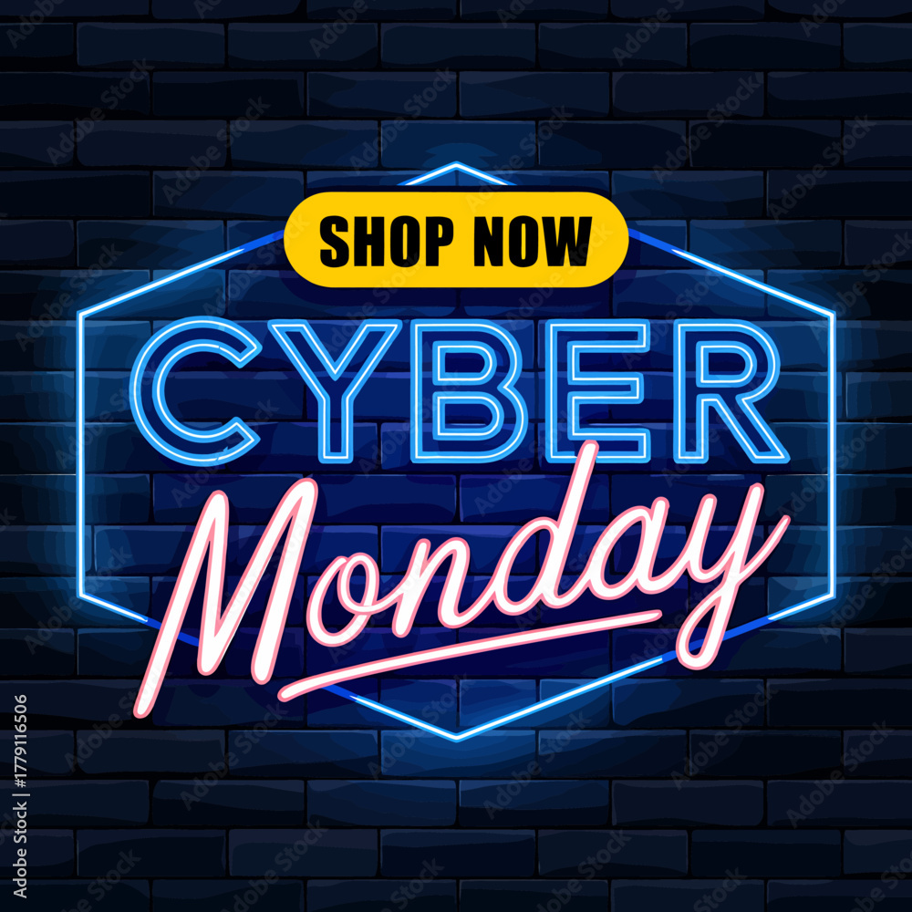 Obraz premium Vector art of cyber monday neon sign with a shop now button, glowing blue and pink lights on a dark brick wall, symbolizing online retail and special offers