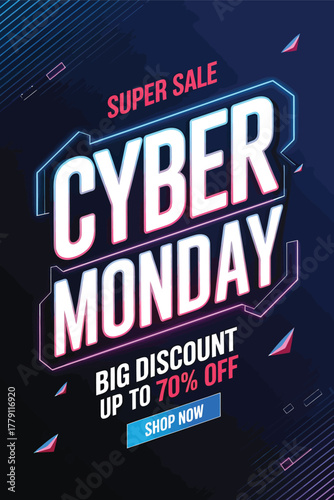 Vector art of cyber monday super sale announcement with big discount up to 70 off, presented with neon glowing text and a dark blue background with abstract elements