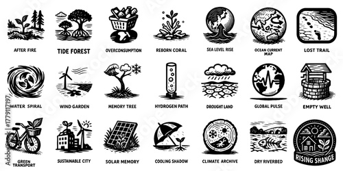 気候変動ピクトグラムセット – 地球温暖化と再生エネルギー、Climate Change Pictogram Set 、