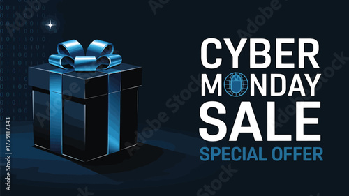 Vector art of cyber monday sale special offer with gift box and blue ribbon on dark background with digital pattern, online shopping promotion concept