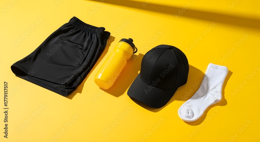 Naklejka premium Sport accessories and clothing mockup with yellow bottle and black cap on yellow background