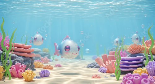 Fototapeta Naklejka Na Ścianę i Meble -  Adorable cartoon fish swim playfully in a vibrant, colorful coral reef ecosystem with sandy seabed and sunlit water.