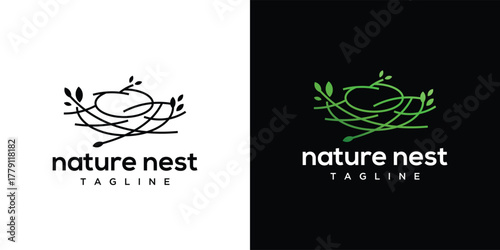 Natural bird nest design concept with leaves. Nest logo template made with lines.