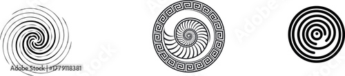 Abstract Spiral and Swirl Icon Set with Greek Key Border and Concentric Circles