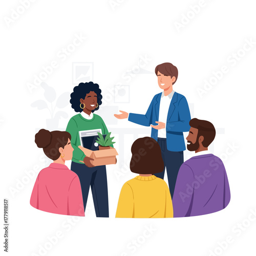 Happy new employee welcomed by team in modern office illustration