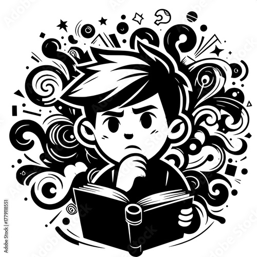 Black and White Vector Silhouette of Boy Carrying Heavy School Bag