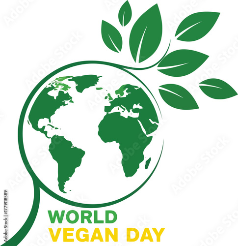 World vegan day logo with earth and leaves isolated on white background