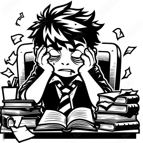 Black and White Vector Silhouette of Boy Getting Scolded by Teacher