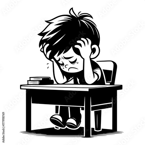 Black and White Vector Silhouette of Boy Holding Head with Both Hands