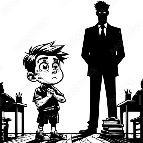 Black and White Vector Silhouette of Boy Rubbing Eyes While Studying