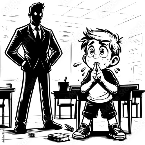 Black and White Vector Silhouette of Boy Rubbing Eyes While Studying