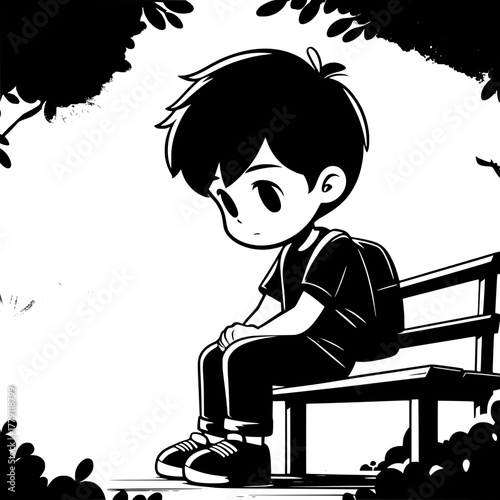 Black and White Vector Silhouette of Boy Surrounded by Clocks