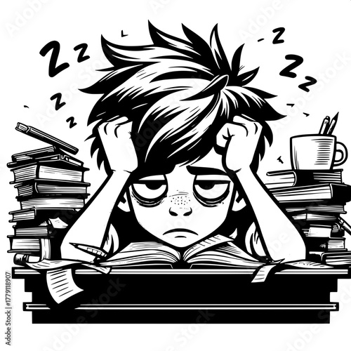 Black and White Vector Silhouette of Boy Throwing Books in Frustration