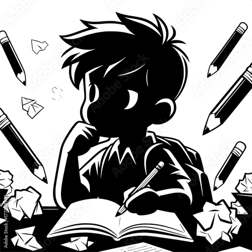 Black and White Vector Silhouette of Boy Trying to Memorize Notes