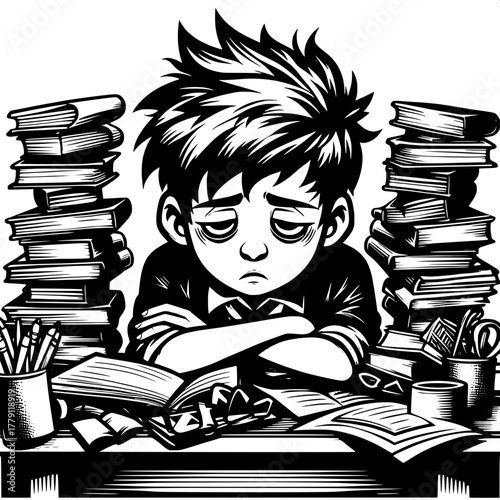 Black and White Vector Silhouette of Boy Throwing Books in Frustration