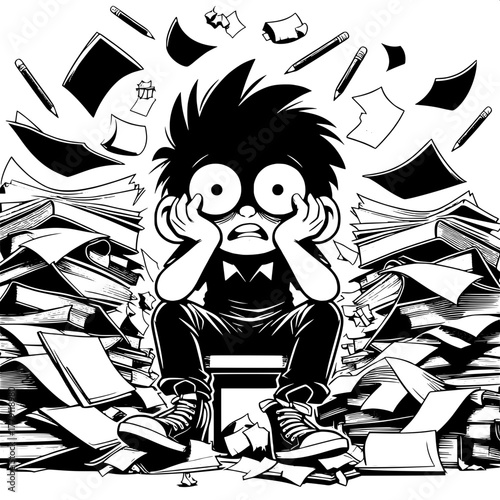 Black and White Vector Silhouette of Boy Studying with Clock Behind