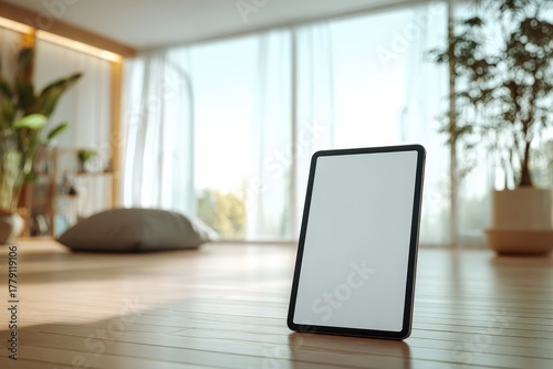 A blank tablet screen mockup (like an iPad), standing on the floor against a wall in a peaceful yoga room. Commercial use for digital wellness content or online classes.
