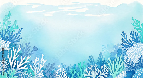 Fototapeta Naklejka Na Ścianę i Meble -  Serene watercolor illustration depicting a vibrant underwater coral reef in cool blue and white tones.