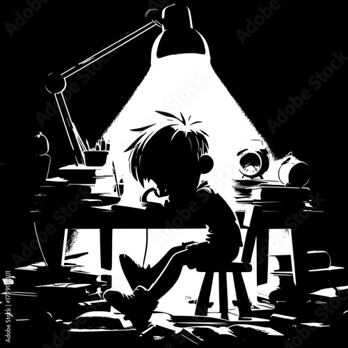 Black and White Vector Silhouette of Boy with Parents Arguing Over Grades