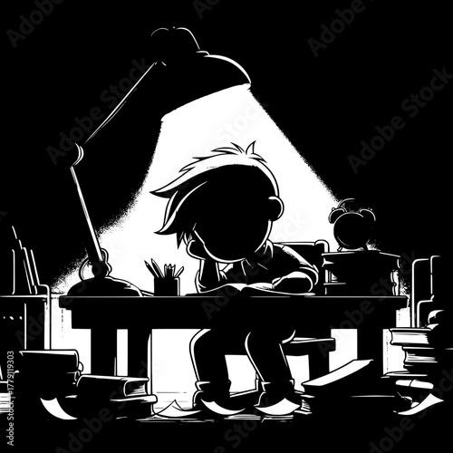 Black and White Vector Silhouette of Boy with Parents Arguing Over Grades