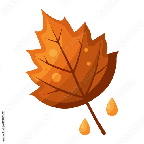 A stylized orange autumn leaf with visible veins and water droplets falling from its stem.